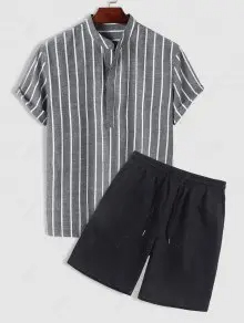 Men's Half Buttoned Casual Vertical Striped Office Pullover Shirt And Basic Casual Shorts Set - Blue