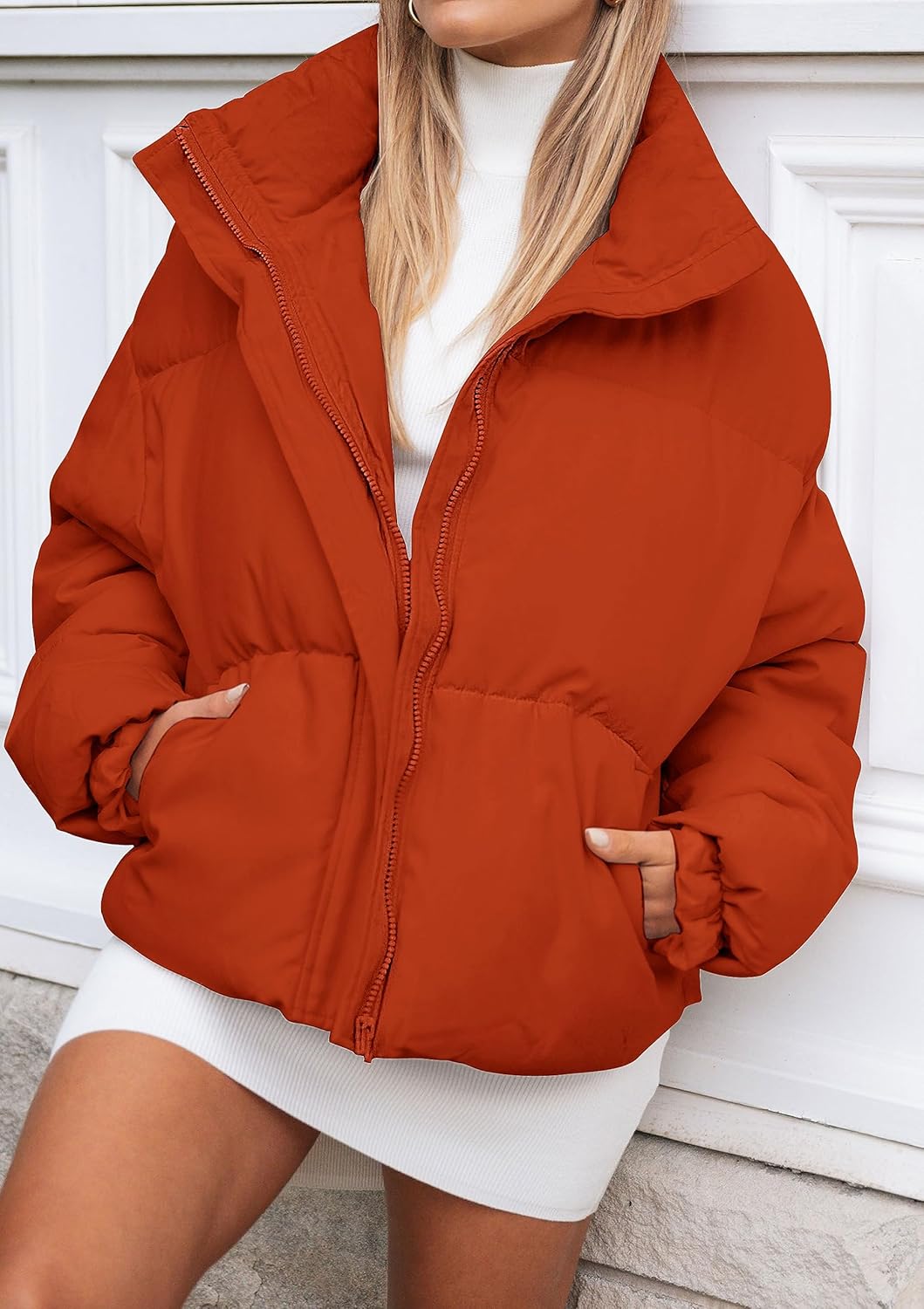 Women's Winter Long Sleeve Zip Puffer Jacket Stand Collar Baggy Short Down Coats with Pockets