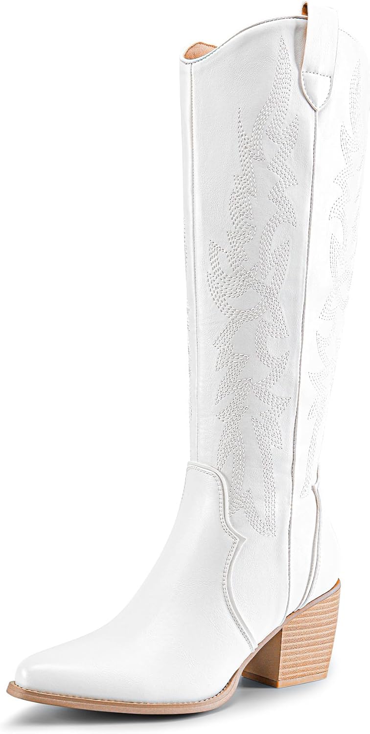 Womens Cowboy Boots, Comfortable Pull On Zipper Chunky Heel Pointed Toe Embroidered Western Cowgirl Knee High Boots