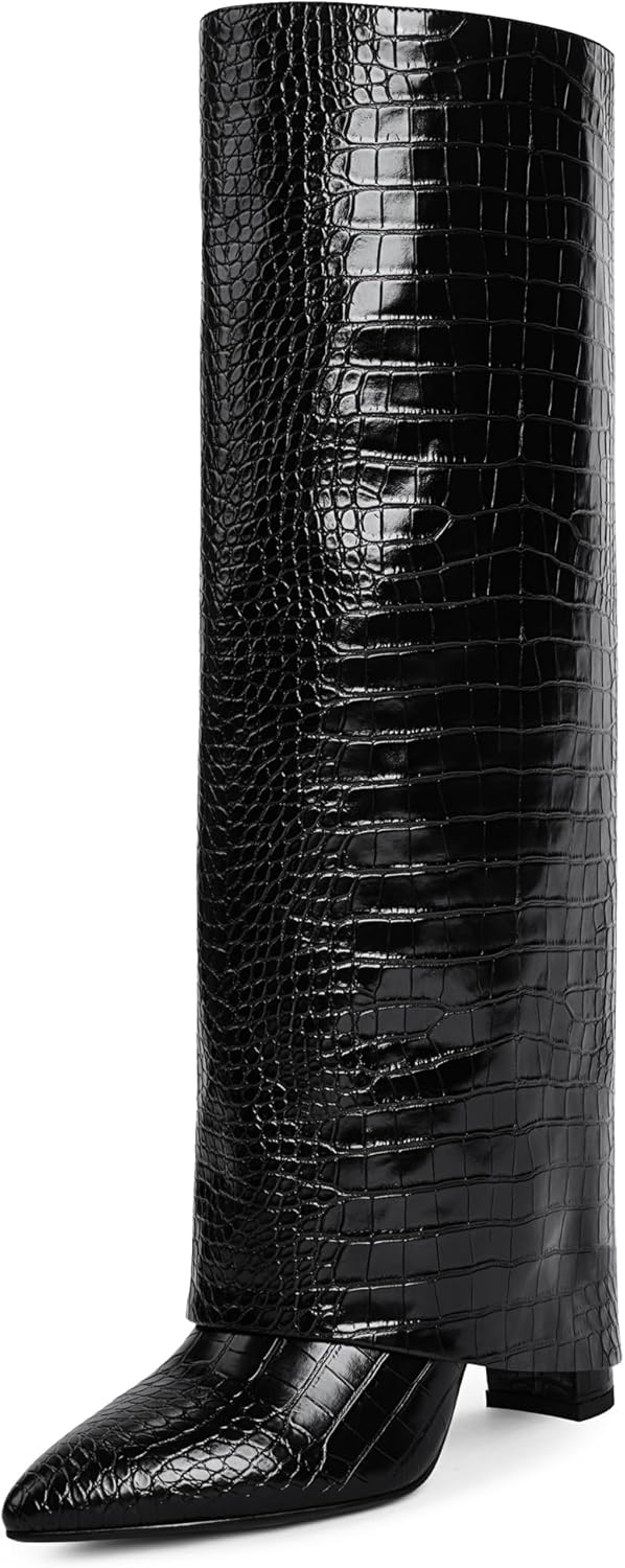 Knee High Boots Women Fold Over Knee High Boots Chunky High Heels Long Boots Zipper Pointed Toe Dress Tall Boots for Women