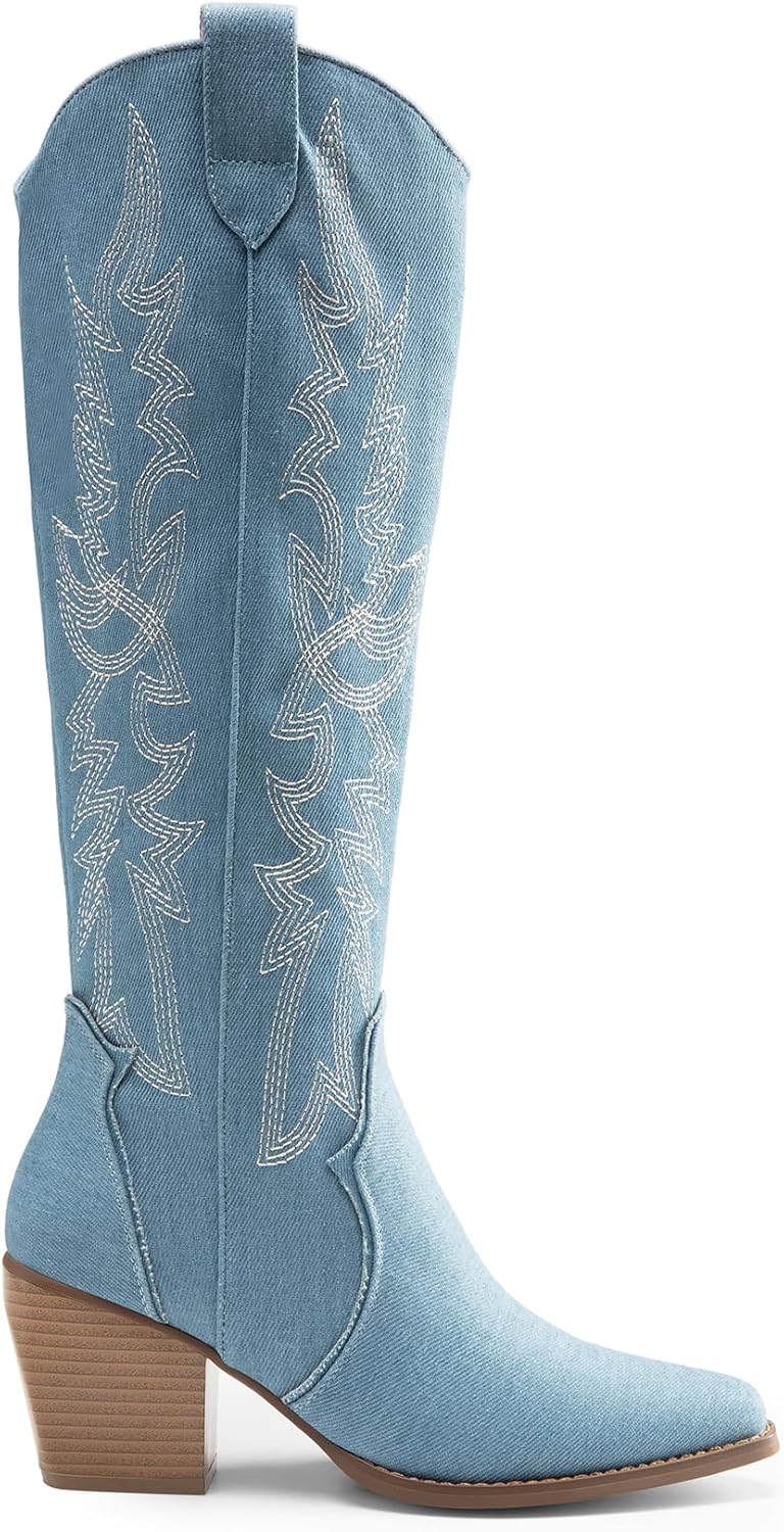 Womens Cowboy Boots, Comfortable Pull On Zipper Chunky Heel Pointed Toe Embroidered Western Cowgirl Knee High Boots