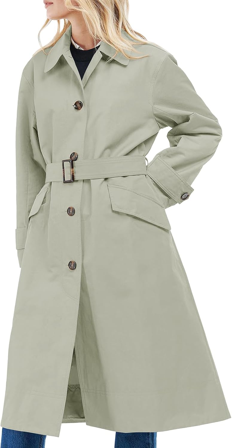 Women's Trench Coats Single Breasted Long Windproof Overcoat with Pockets and Belt