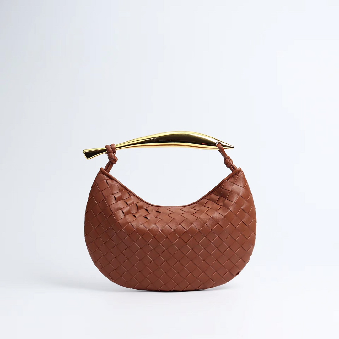 Woven Leather Hobo Bag with Gold Sculptural Handle – 9 Colors – Size 28×8×12cm