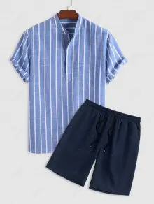 Men's Half Buttoned Casual Vertical Striped Office Pullover Shirt And Basic Casual Shorts Set - Blue