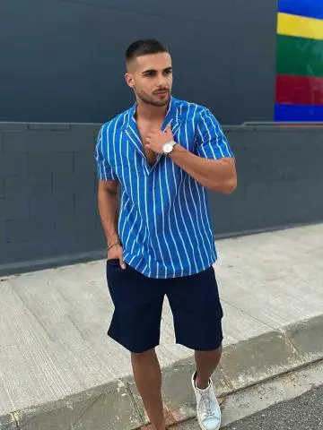 Men's Half Buttoned Casual Vertical Striped Office Pullover Shirt And Basic Casual Shorts Set - Blue