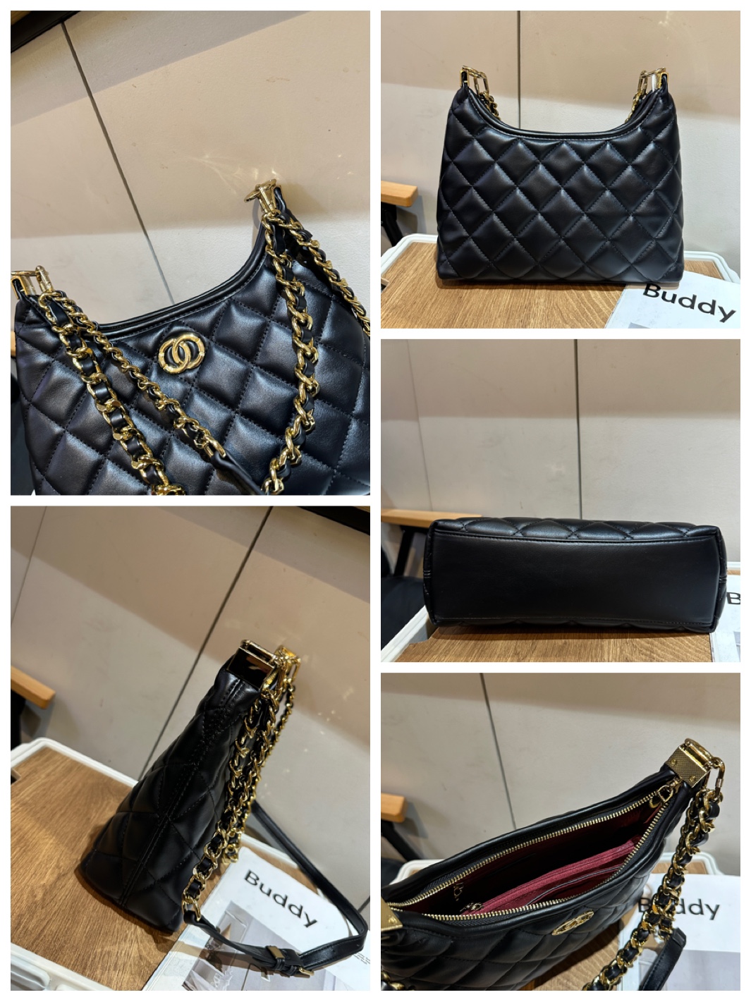 Quilted Lambskin Chain Shoulder Bag – Black, 28×10×23cm