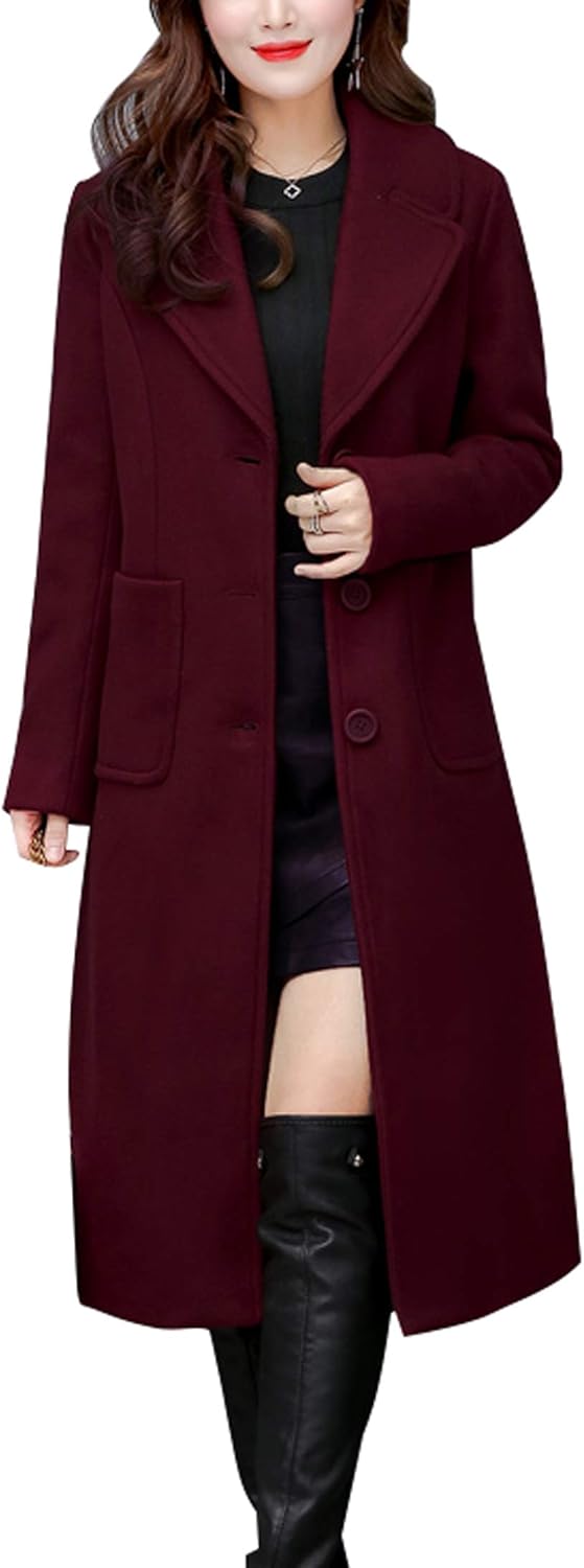 Women's Big Notch Lapel Single Breasted Mid-Long Wool Blend Coat