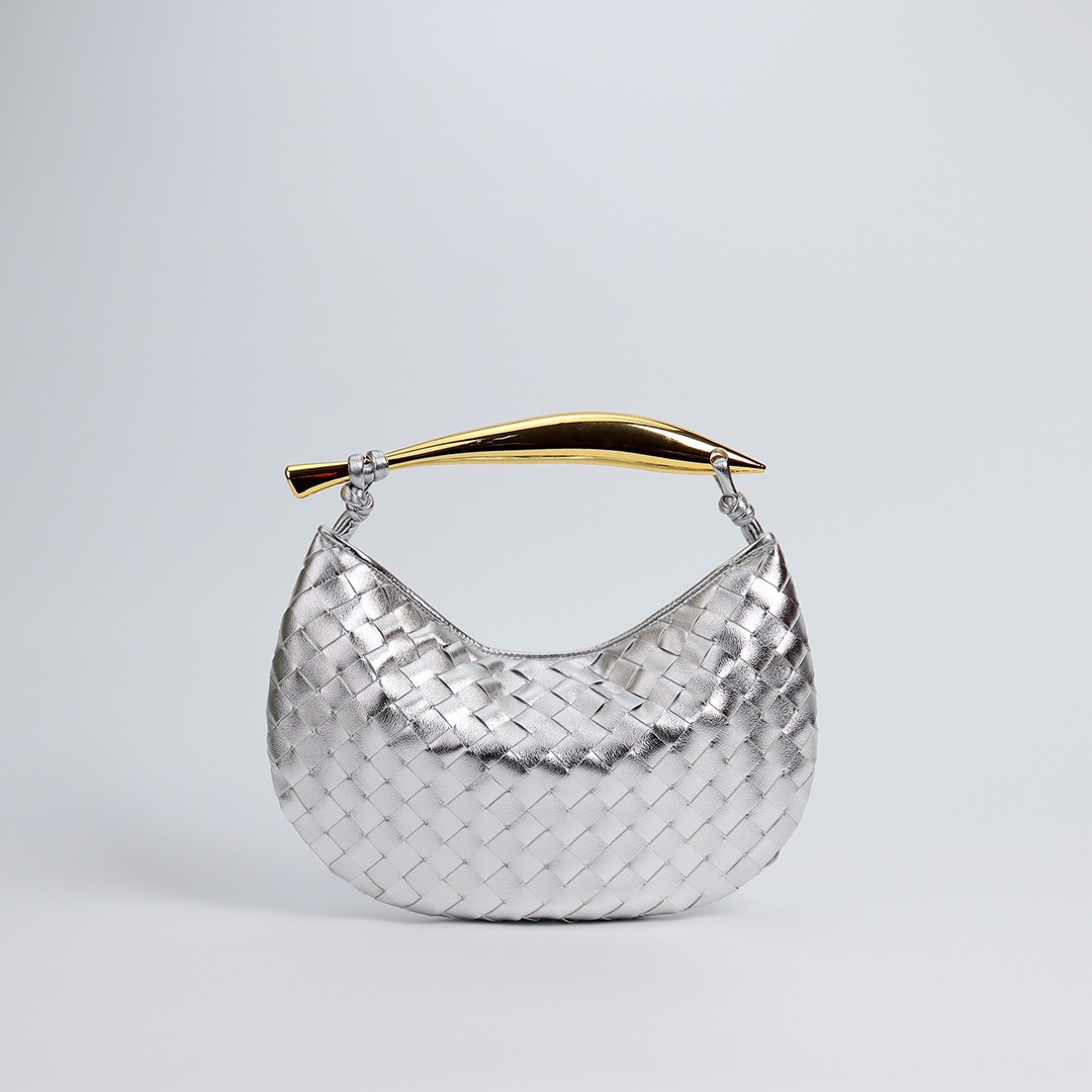 Woven Leather Hobo Bag with Gold Sculptural Handle – 9 Colors – Size 28×8×12cm