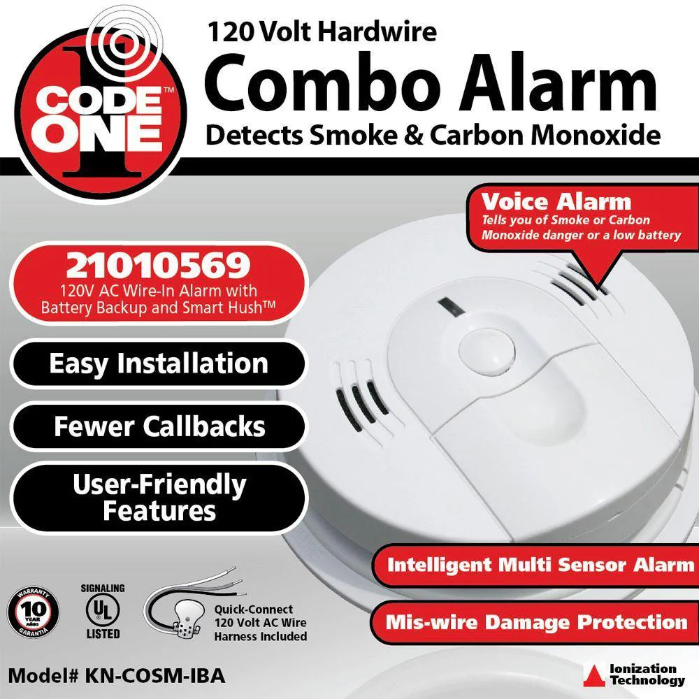 Code One Hardwire Smoke and Carbon Monoxide Combination Detector with AA Battery Backup and Voice Alarm