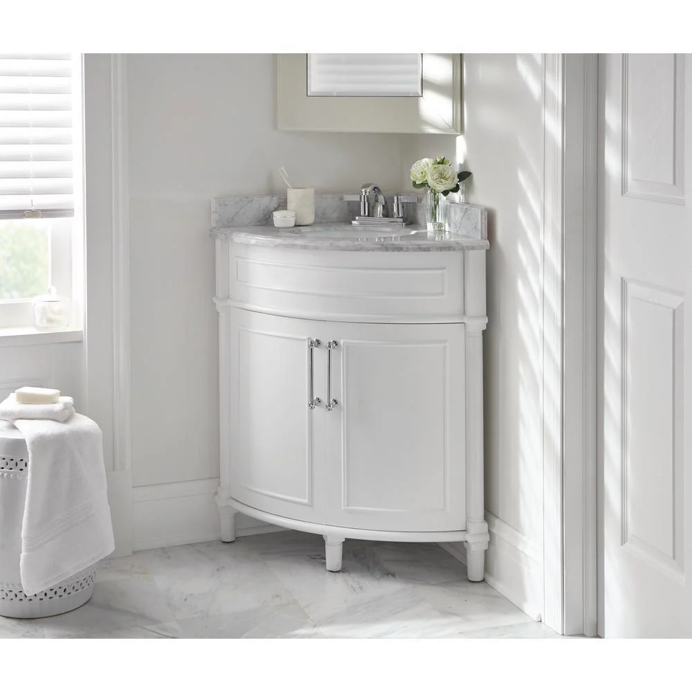 Aberdeen 32 in. W x 23 in. D Corner Vanity in White with Carrara Marble Top with White Sinks