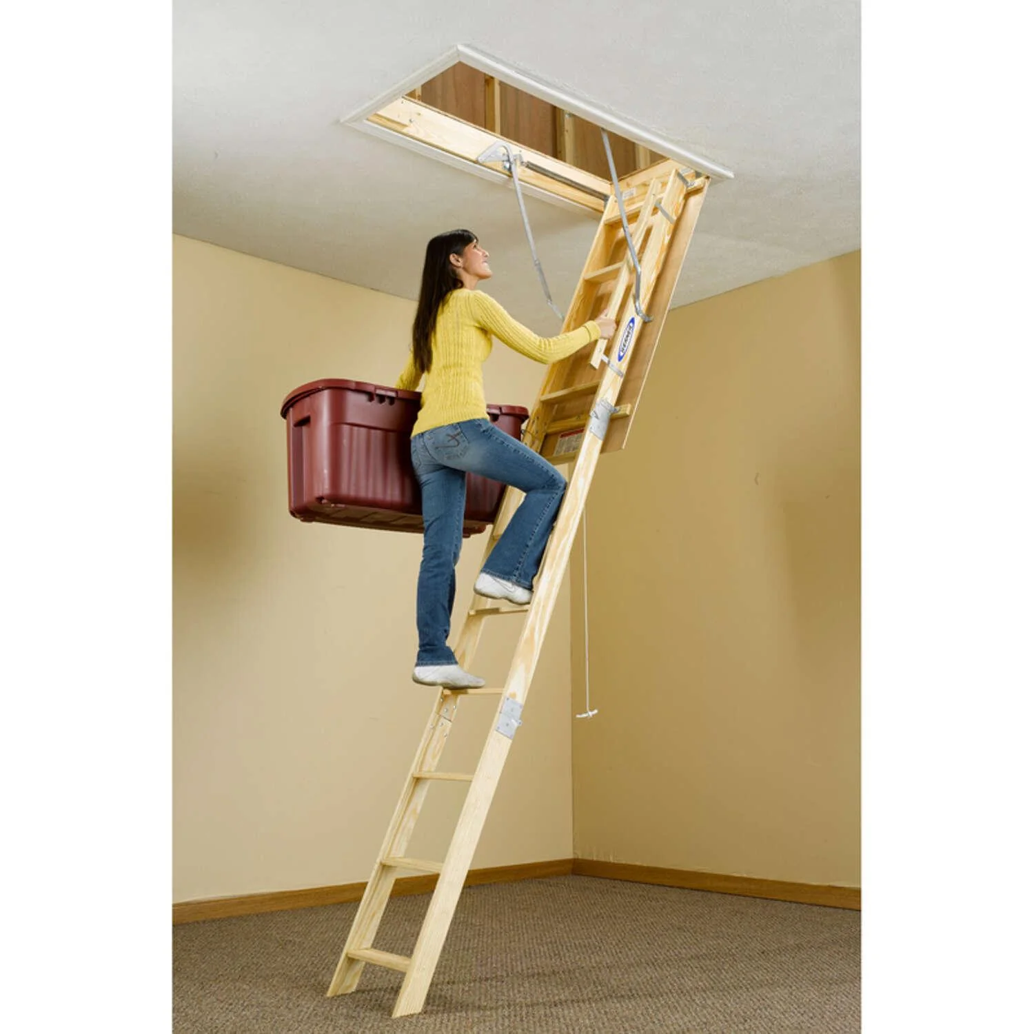 Werner W Series 7 To 8.75 ft. Ceiling 22.5 in. x 54 in. Wood Attic Ladder Type I 250 lb. capacity