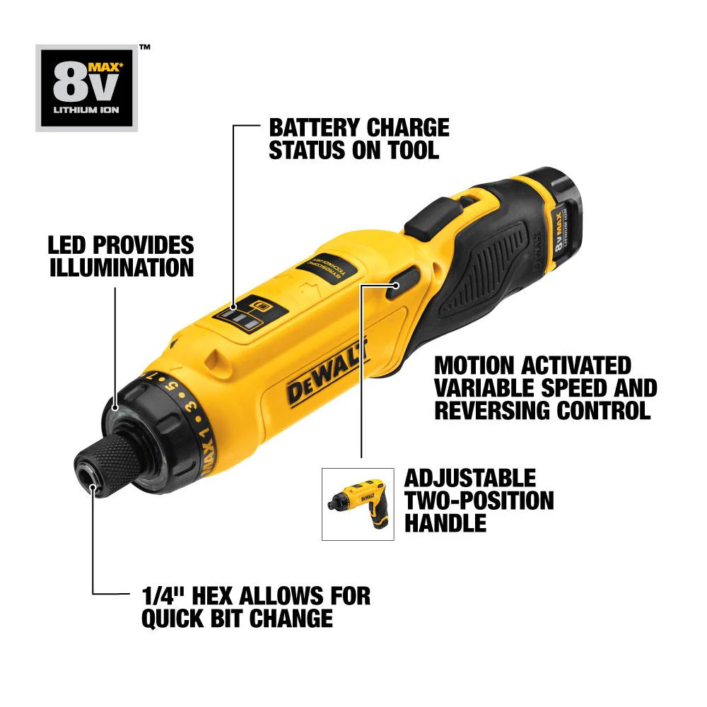 8-Volt MAX Lithium-Ion Cordless Gyroscopic Screwdriver with Adjustable Handle with Battery 1Ah, 1-Hour Charger and Bag