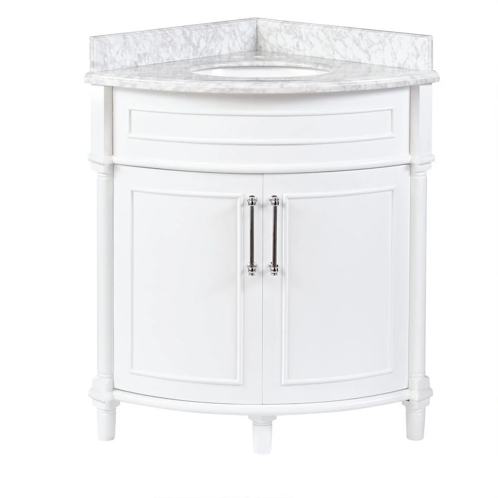 Aberdeen 32 in. W x 23 in. D Corner Vanity in White with Carrara Marble Top with White Sinks