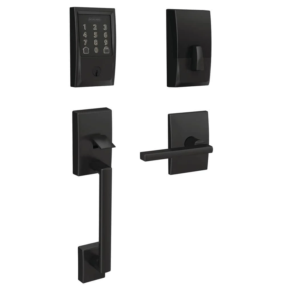 Schlage Century Encode Smart WiFi Deadbolt Door Lock with Alarm and Latitude Lever Handleset in Matte Black