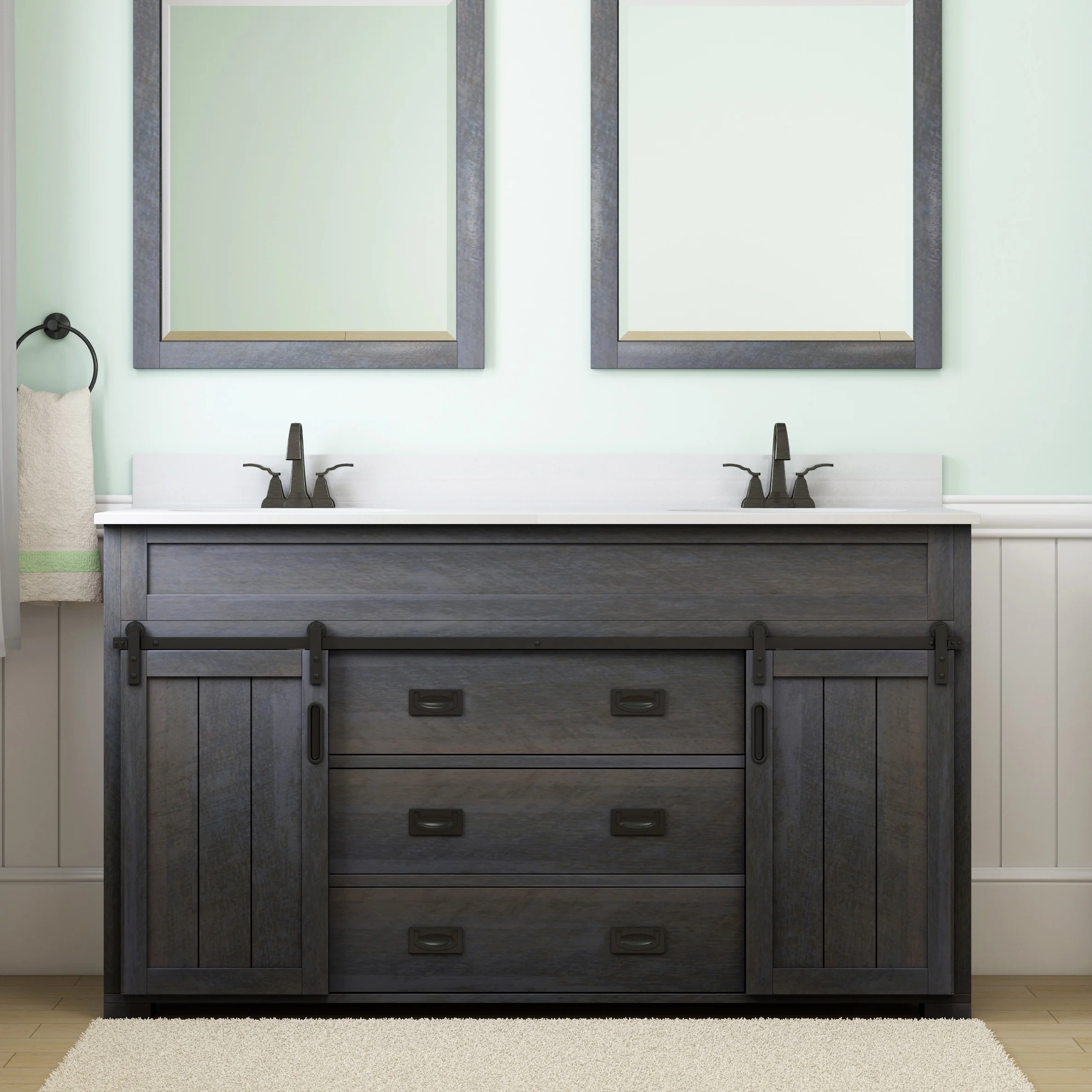 Style Selections Morriston 60-in Distressed Java Double Sink Bathroom Vanity with White Engineered Stone Top