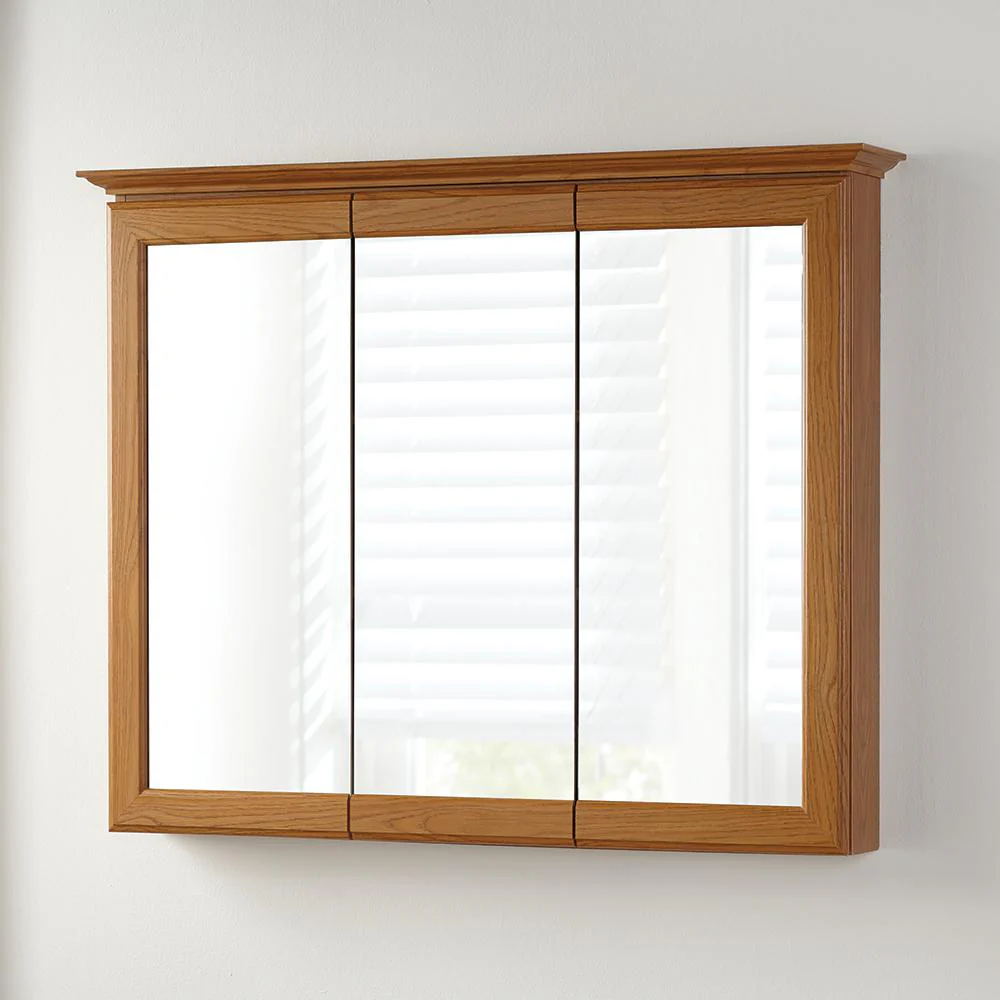 36-5/8 in. W x 29-1/4 in. H Fog Free Framed Surface-Mount Tri-View Bathroom Medicine Cabinet in Oak
