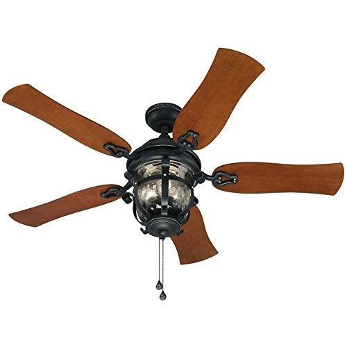 harbor breeze lake placido 52-in aged iron outdoor downrod or flush mount ceiling fan with light kit