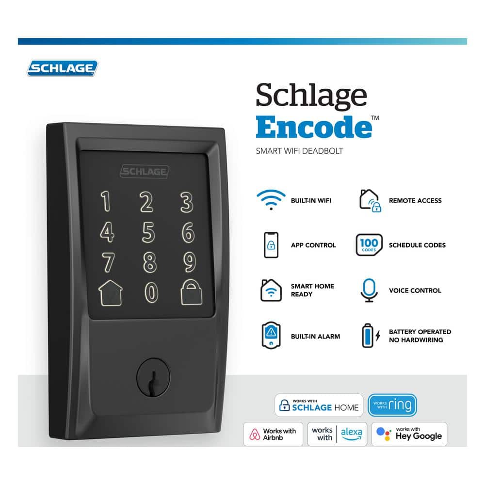 Schlage Century Encode Smart WiFi Deadbolt Door Lock with Alarm and Latitude Lever Handleset in Matte Black