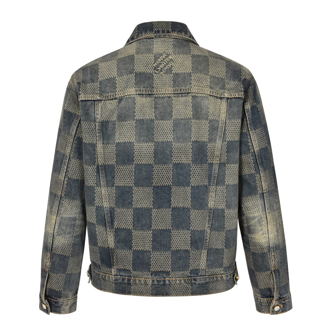 Checkerboard distressed denim jacket