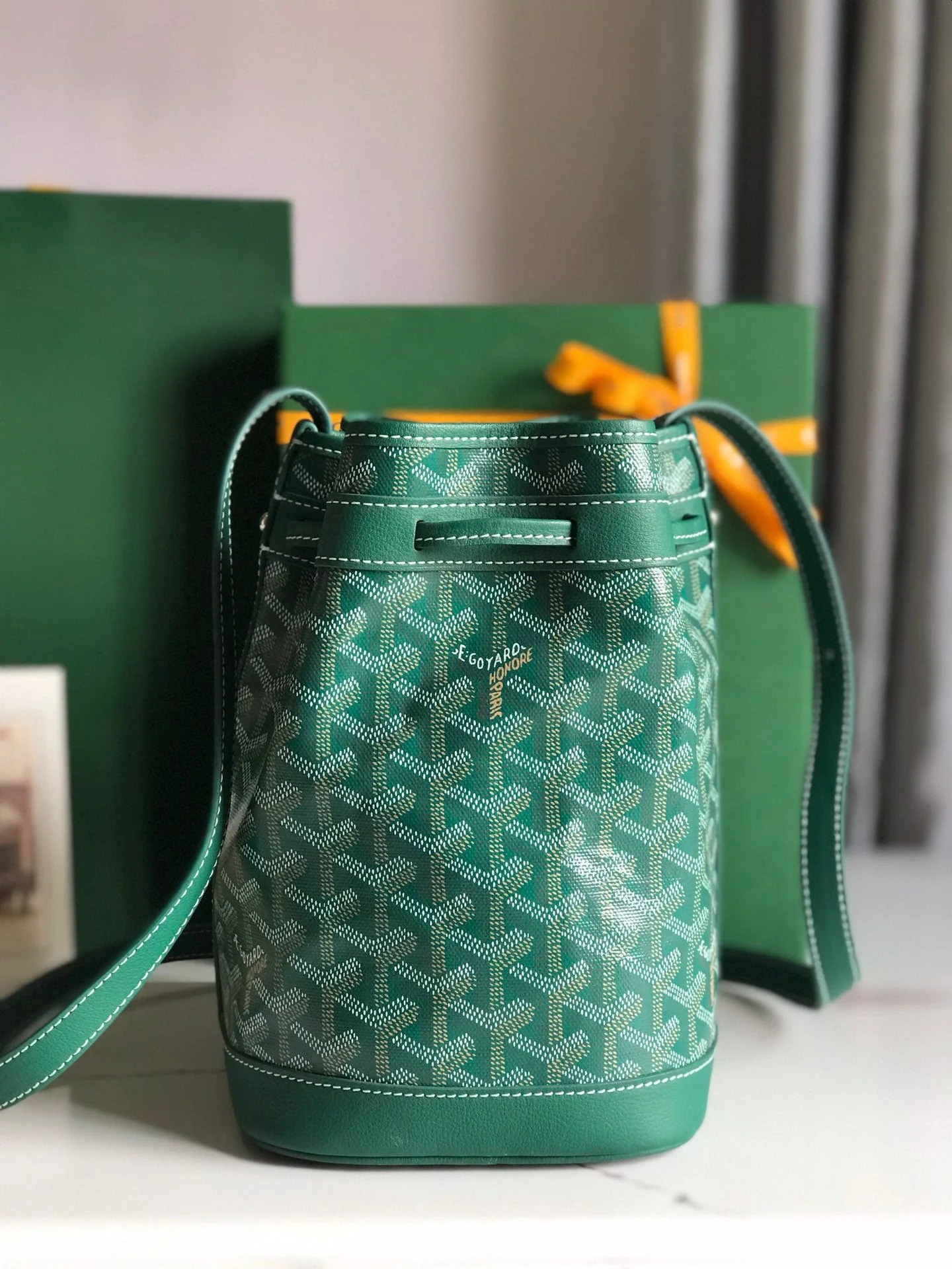 Green Lambskin Trim Bucket Bag