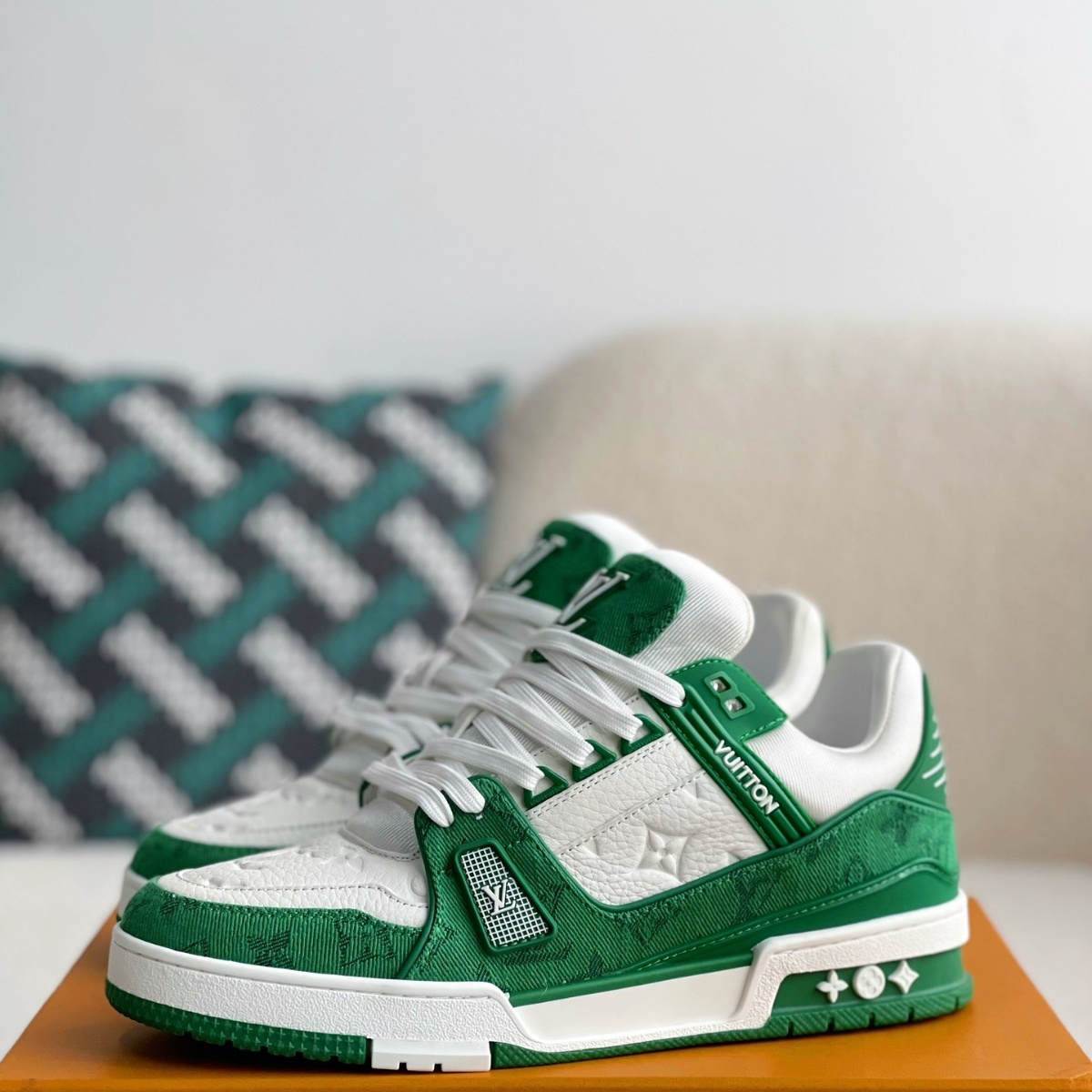 Green Monogram Denim White Sneakers