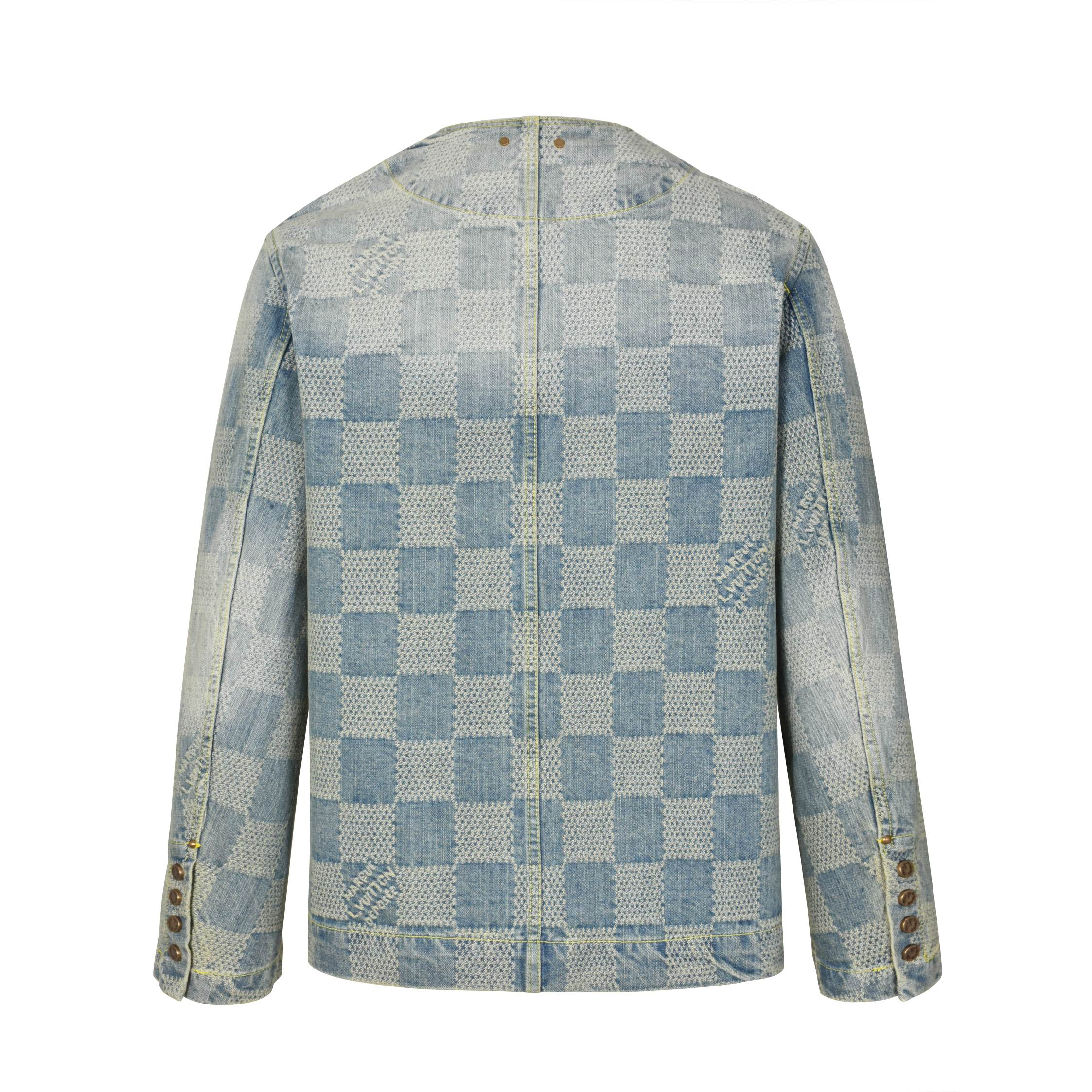 Checkerboard collarless denim jacket