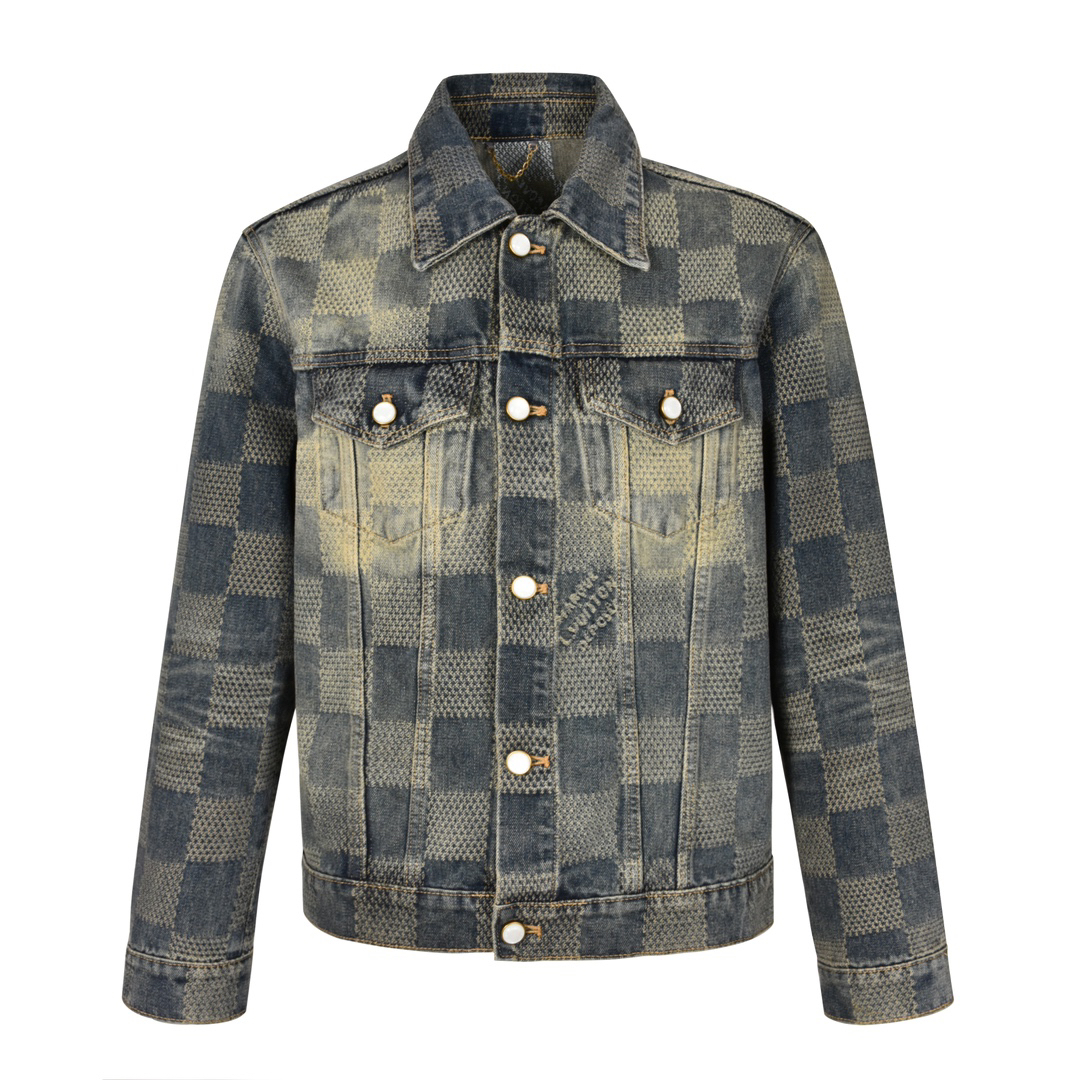 Checkerboard distressed denim jacket