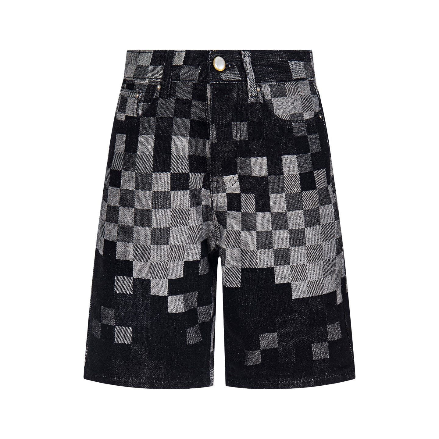 Black Denim Jacquard Check Shorts