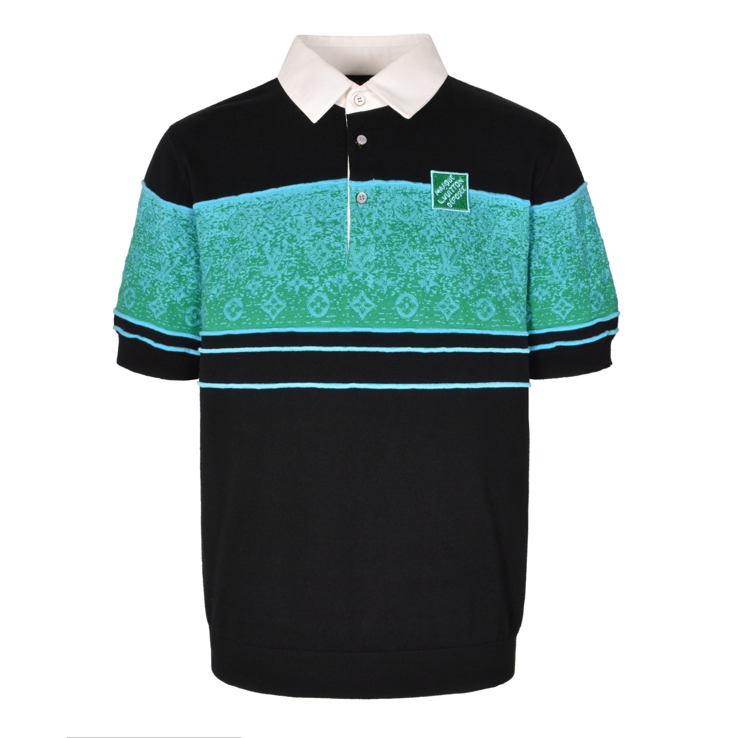 Black and green colorblock jacquard knit polo shirt
