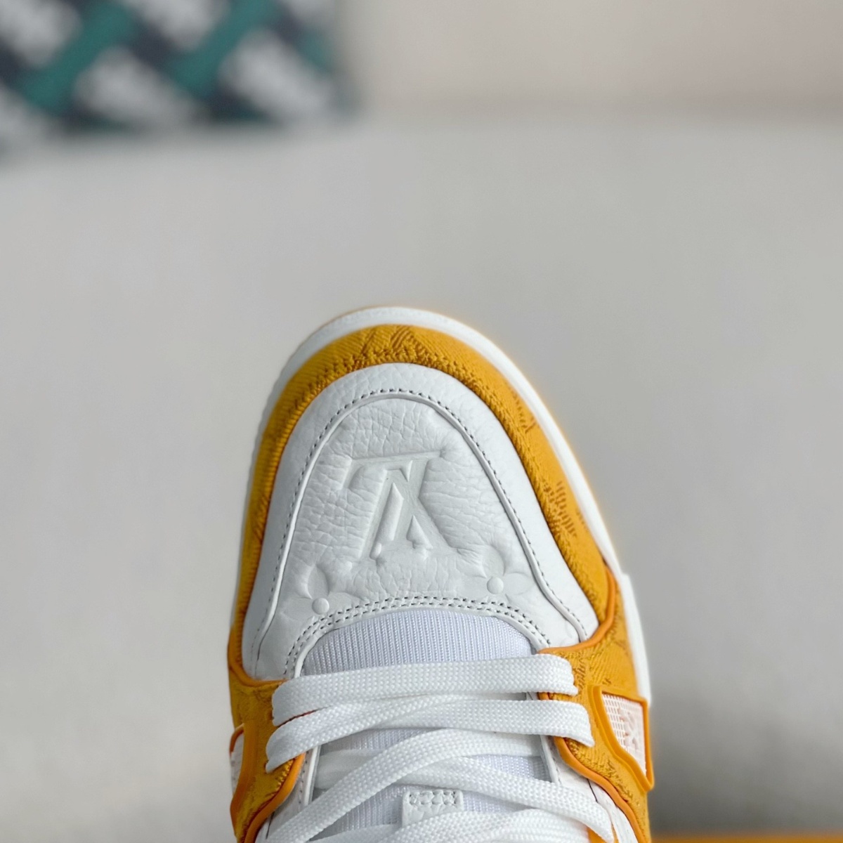 Yellow denim and white sneakers