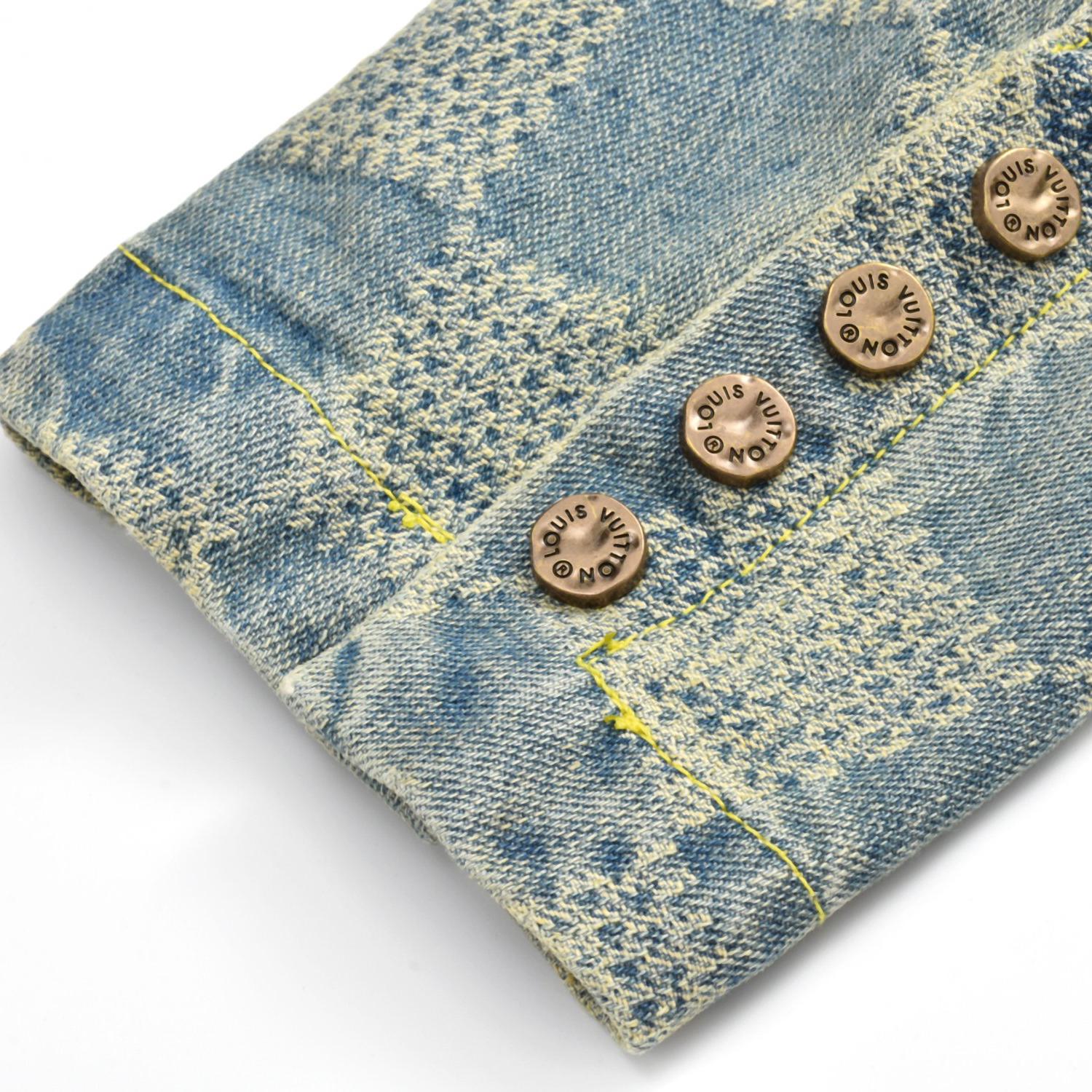 Checkerboard collarless denim jacket