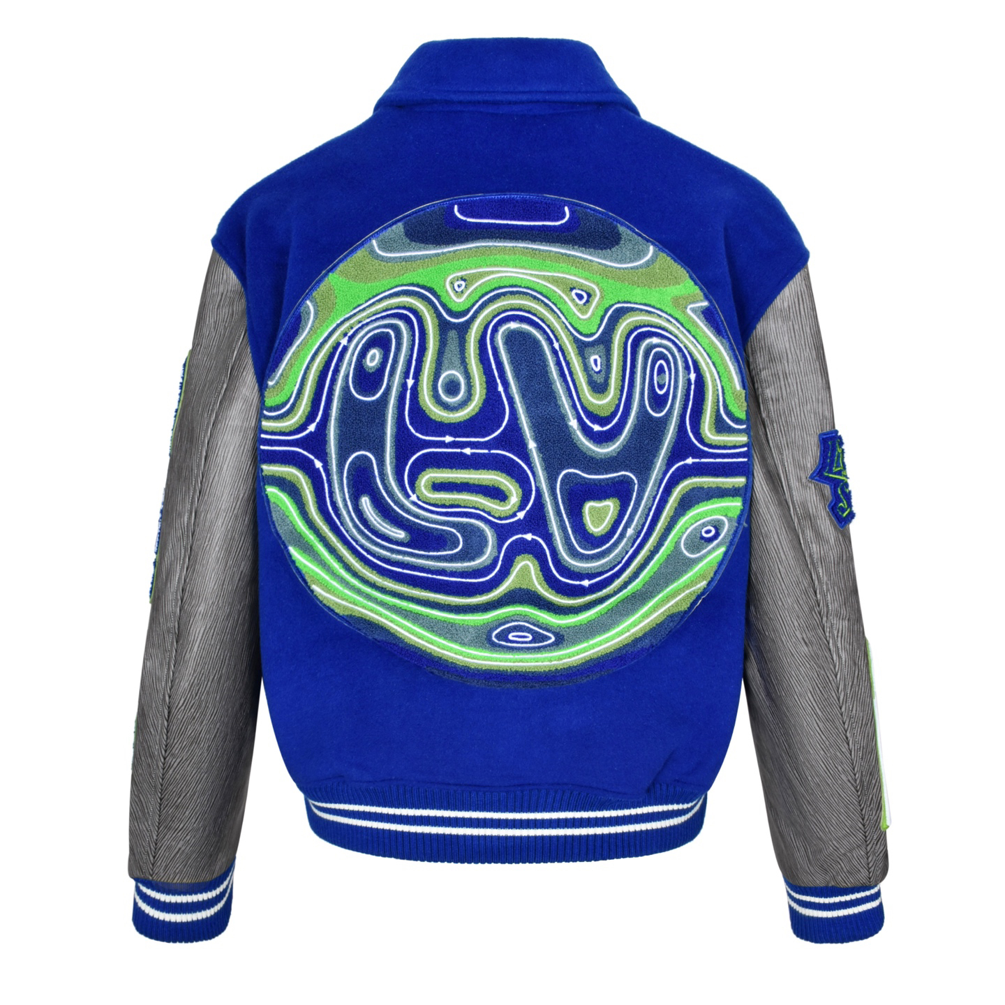 Royal Blue Embroidered Leather Sleeve Baseball Jacket