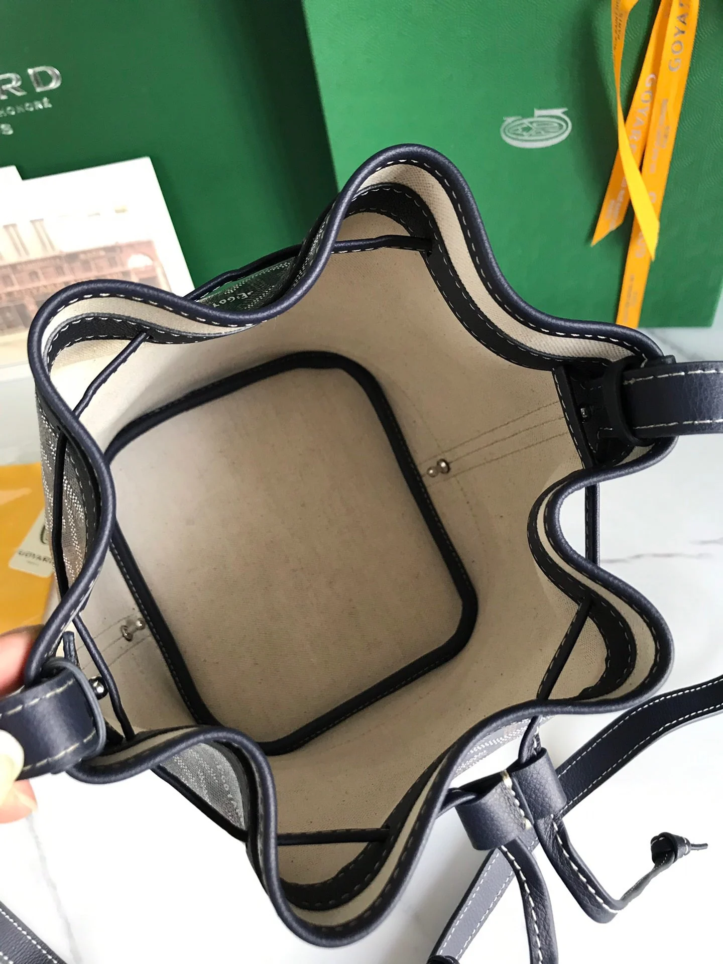 Navy Blue Lambskin Trim Bucket Bag