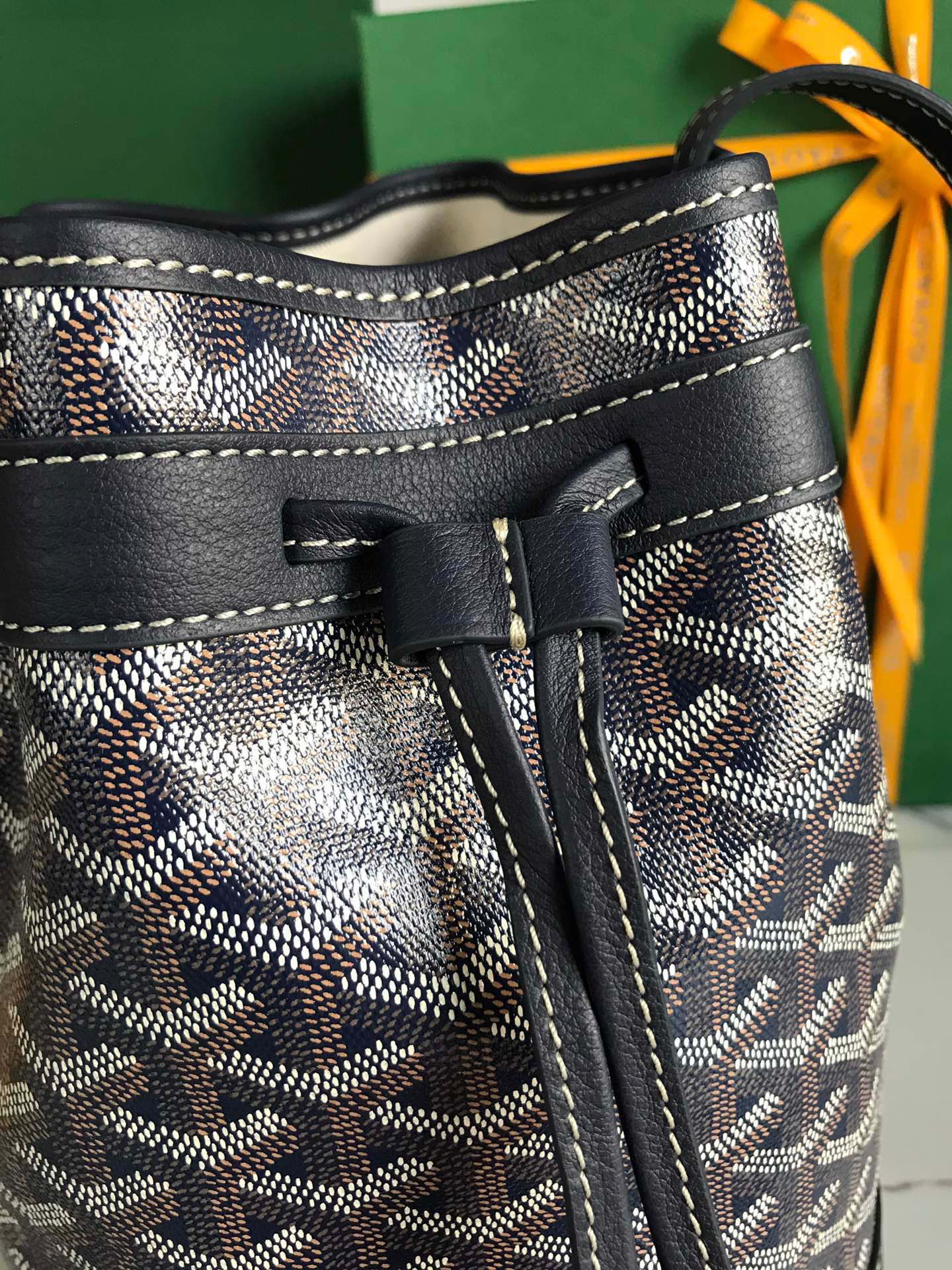 Navy Blue Lambskin Trim Bucket Bag