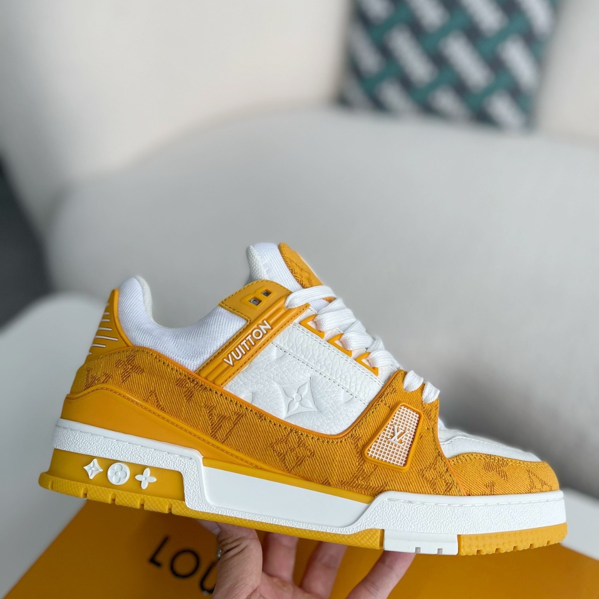 Yellow denim and white sneakers