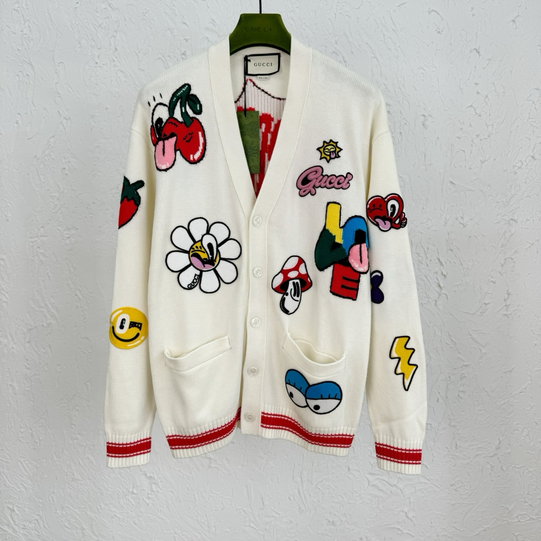 Knitted Cardigan With Embroidered Cartoon Pattern