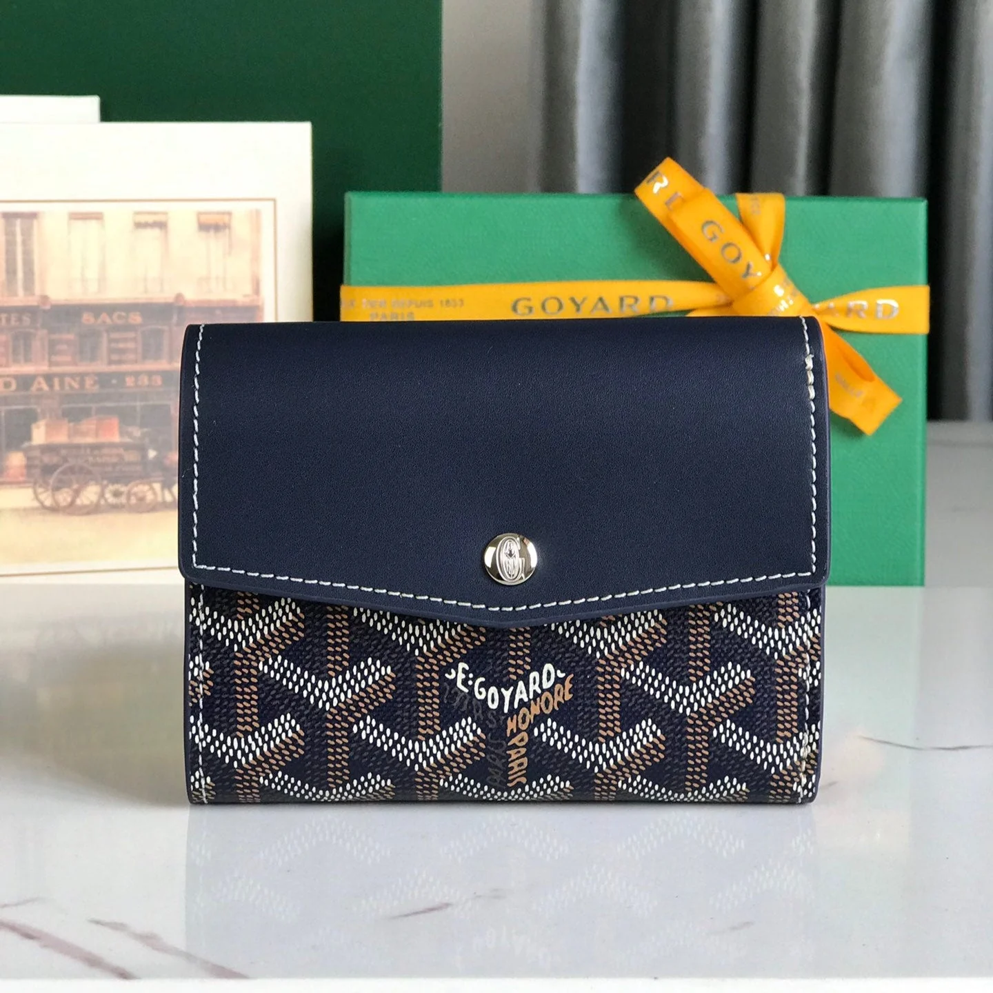 Dark Blue Calfskin Canvas Card Holder