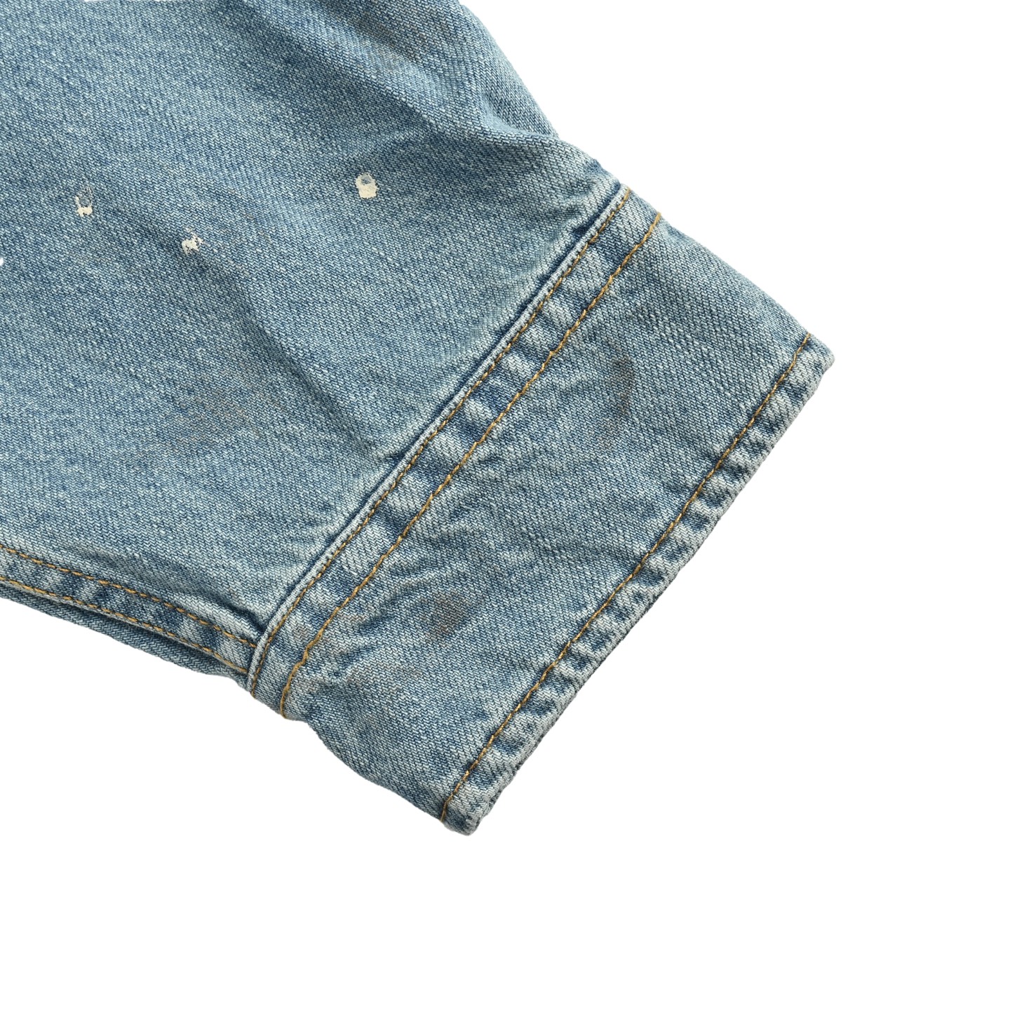 Ink-splashed button-down denim shirt