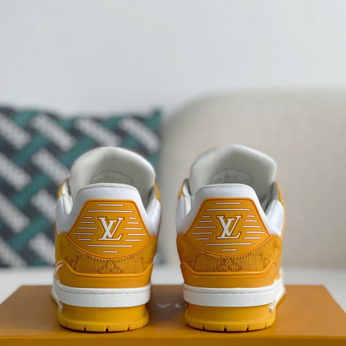 Yellow denim and white sneakers