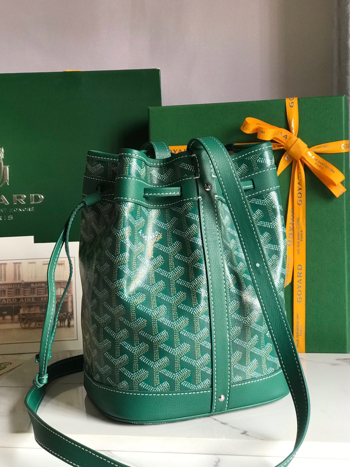 Green Lambskin Trim Bucket Bag