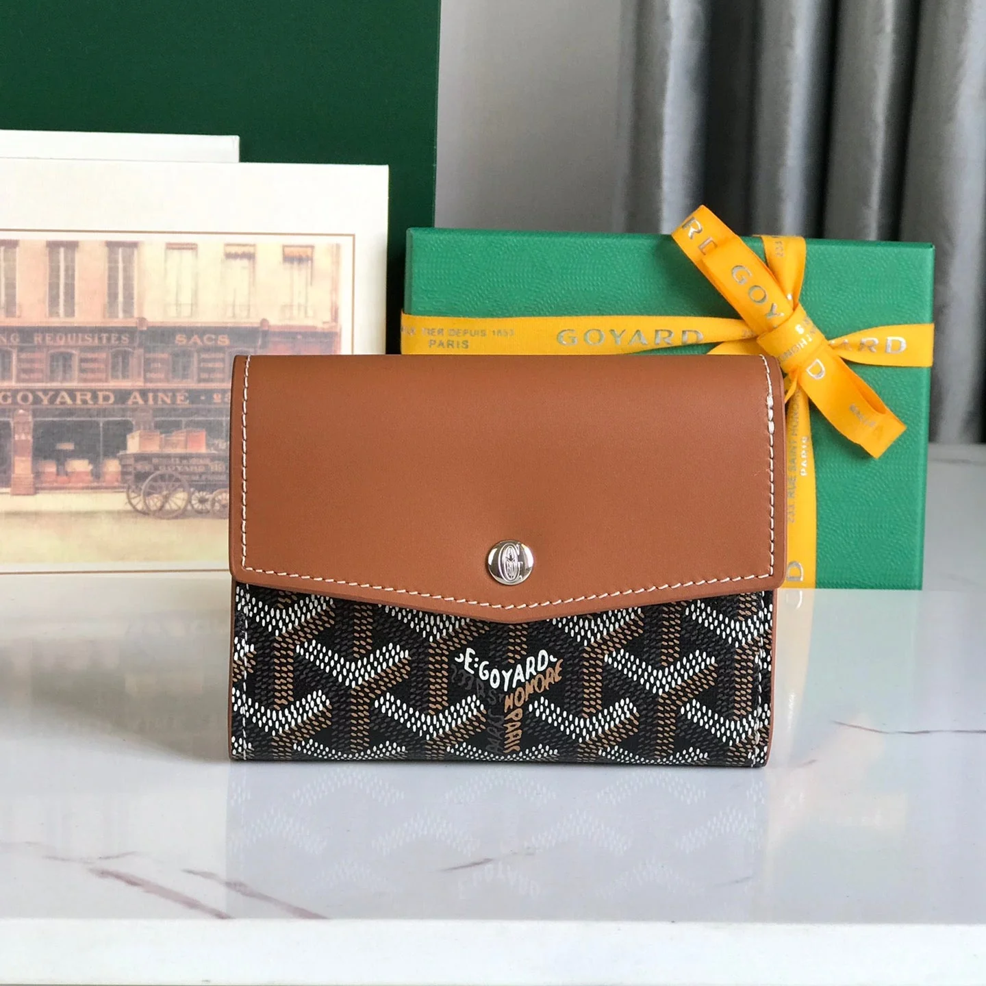 Brown and Black Calfskin Canvas Card Holder