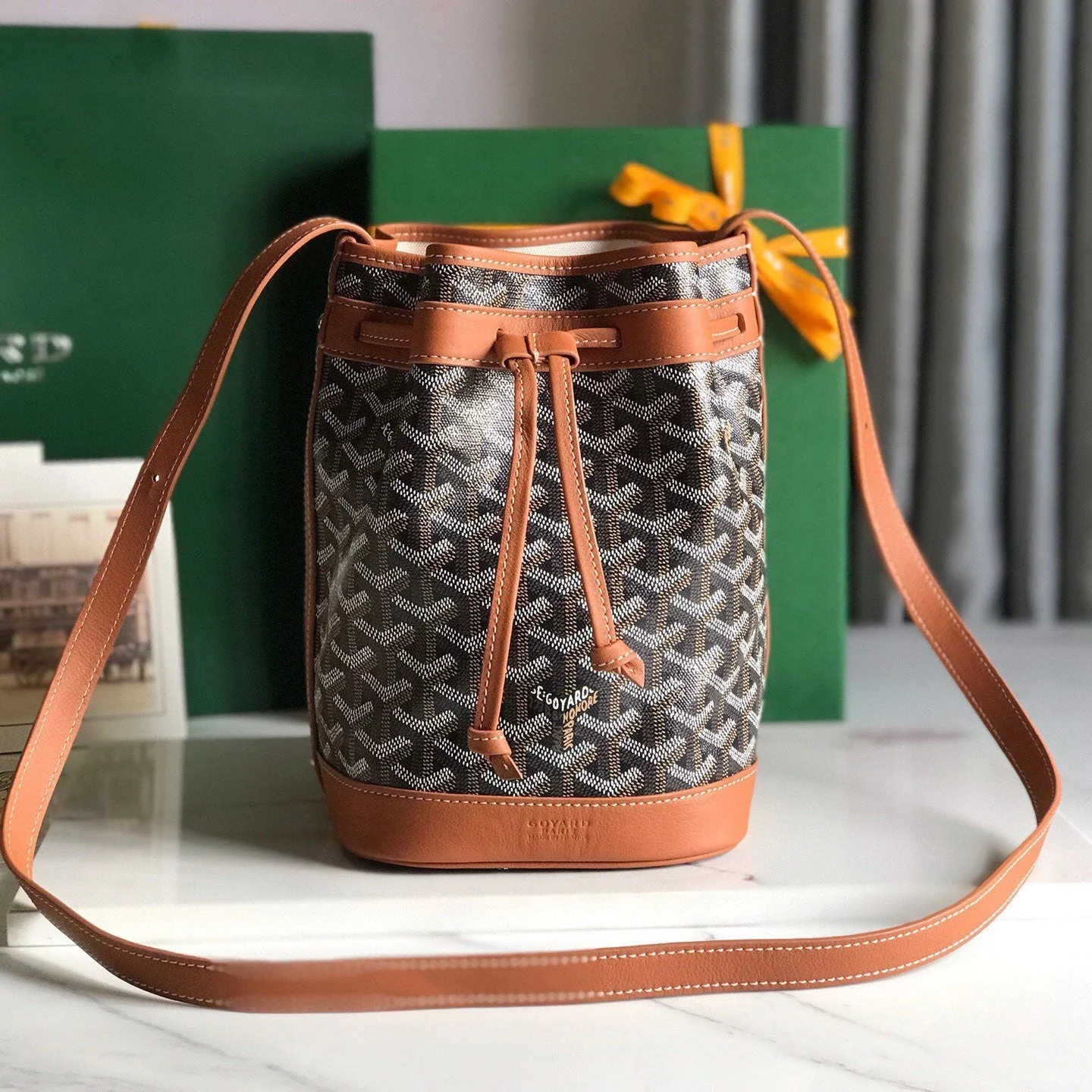 Black Brown Lambskin Trim Bucket Bag