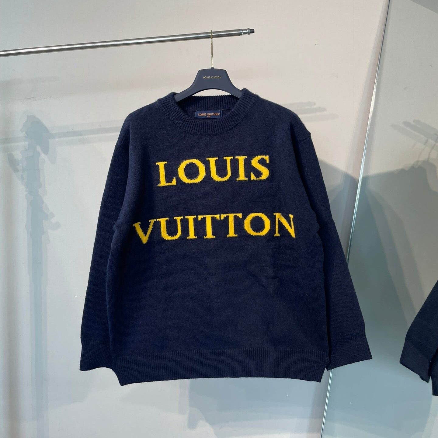 New Yellow And Blue Color Contrast Letters Logo Jacquard Crewneck Sweater