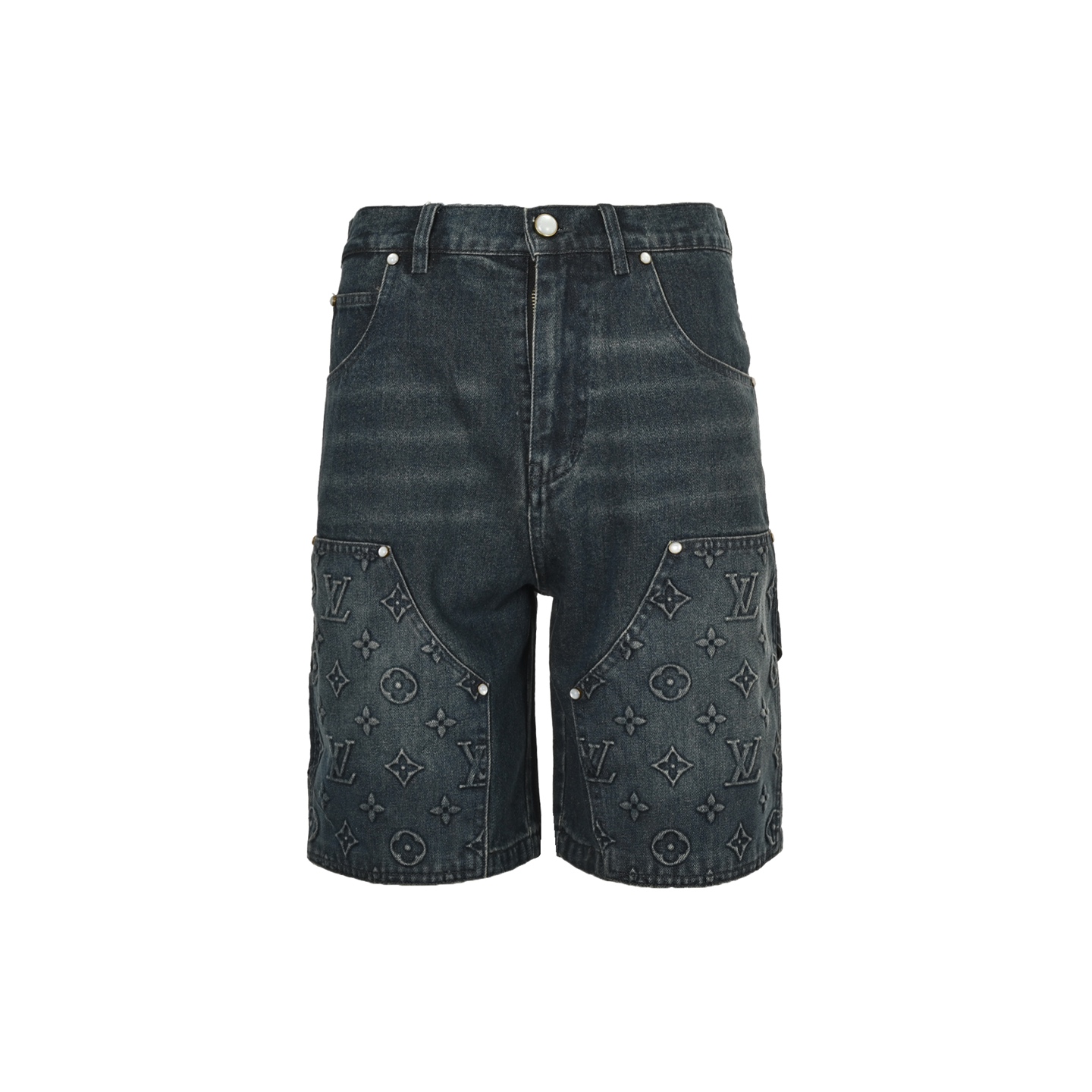 Denim shorts with embossed monogram pattern