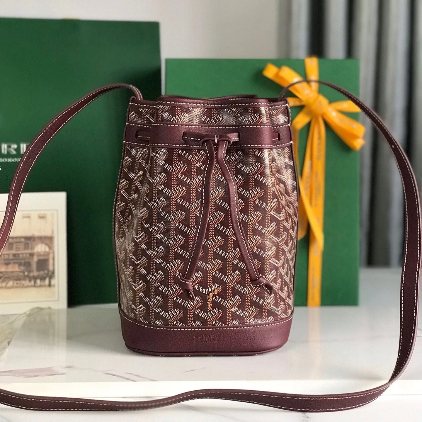 Wine Red Lambskin Trim Bucket Bag