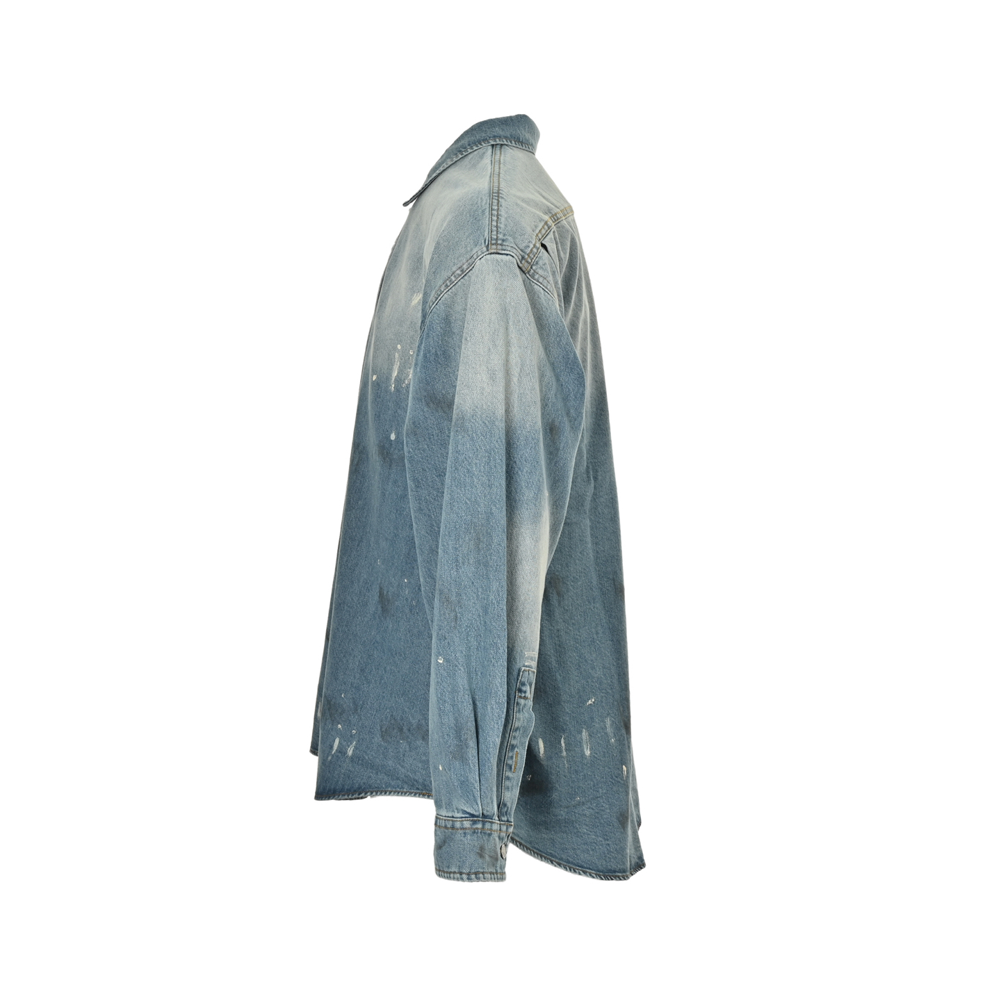 Ink-splashed button-down denim shirt