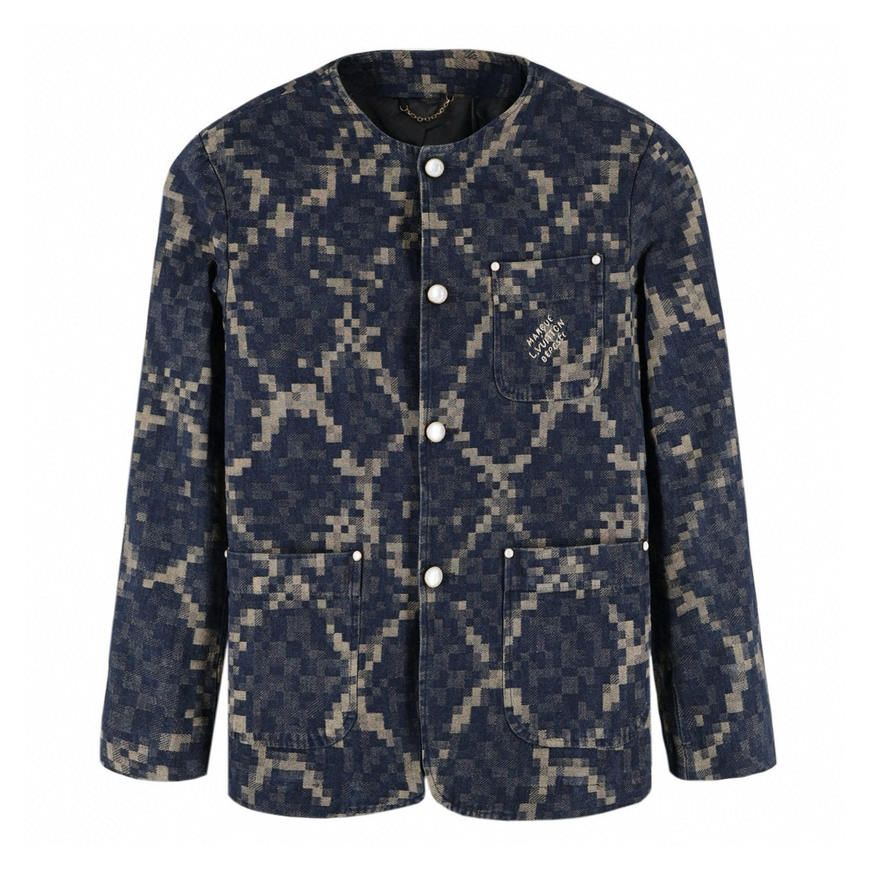 Snake print denim collarless jacket