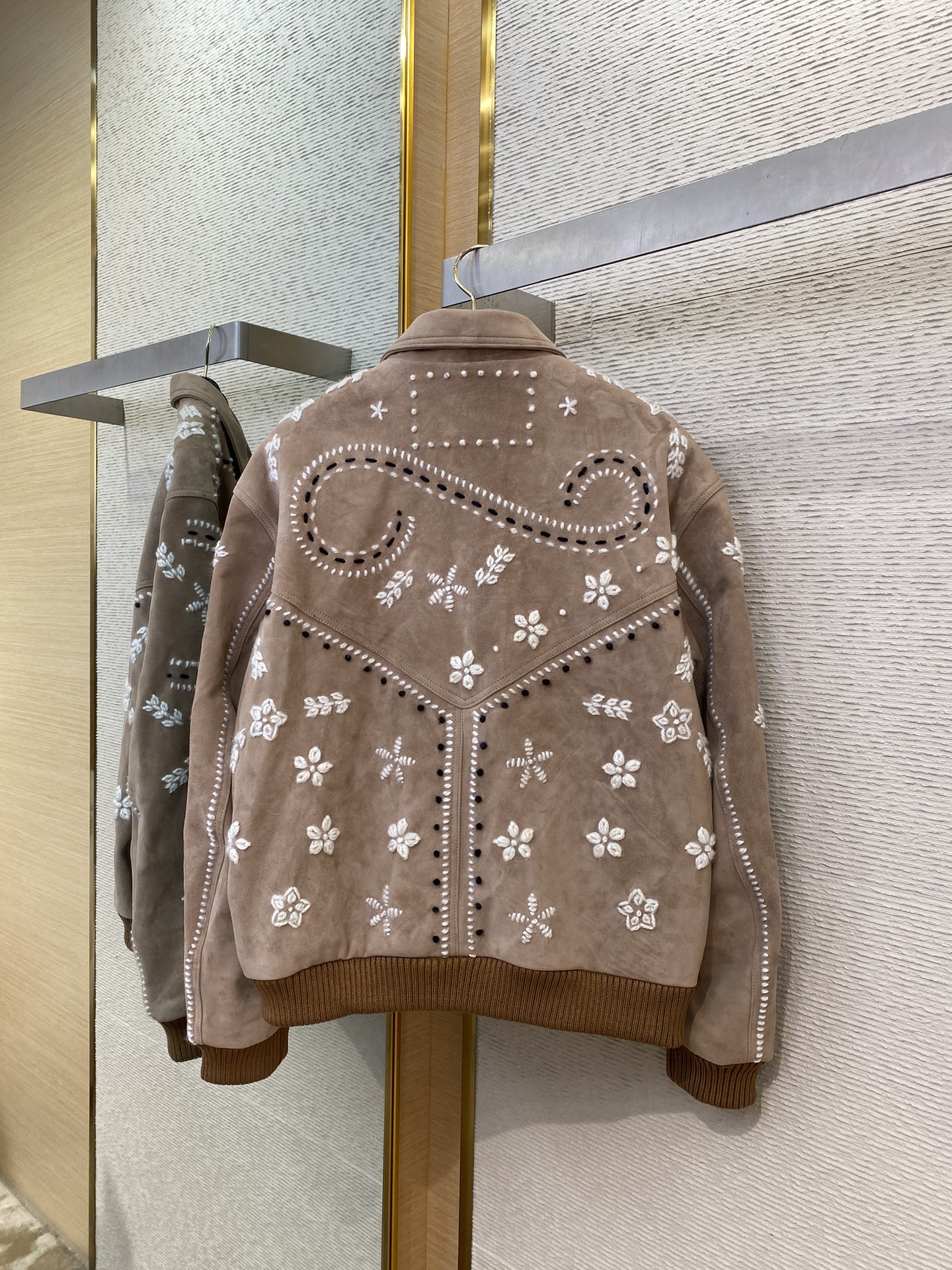 Thick wool 3D embroidered leather jacket