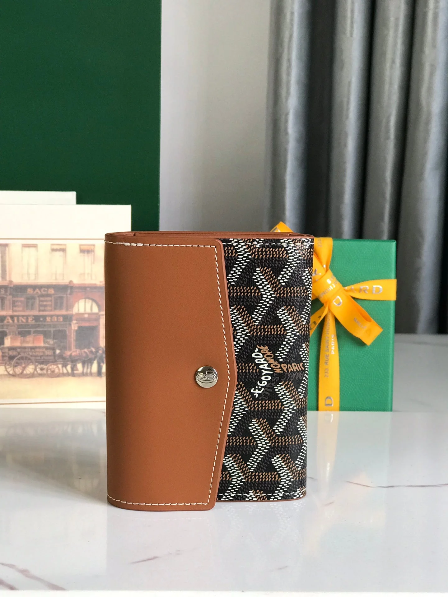 Brown and Black Calfskin Canvas Card Holder