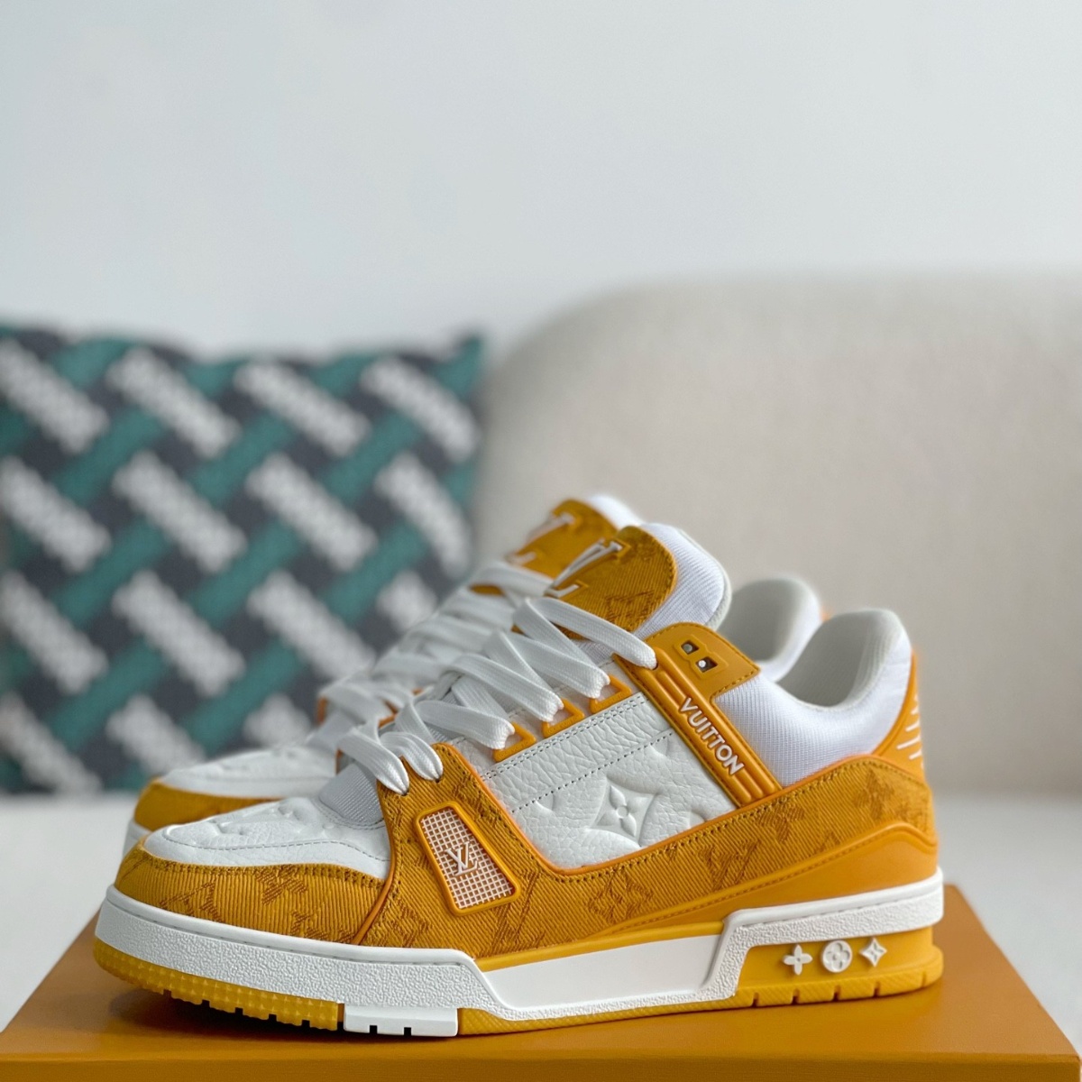 Yellow denim and white sneakers